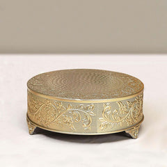 Metal 14" Round Cake Pedestal Stand Matte Gold - Cupcake Dessert Display Riser with Intricate Embossed Design for Upscale Events & Gatherings