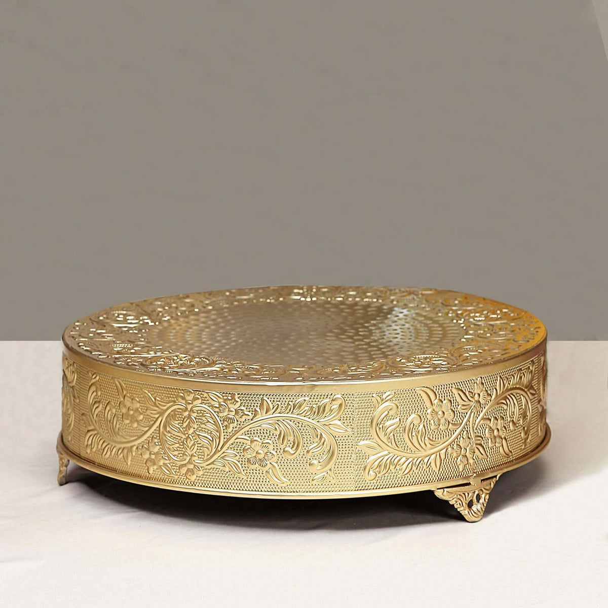 Metal 18" Round Cake Pedestal Stand Matte Gold - Cupcake Dessert Display Riser with Intricate Embossed Design for Upscale Events & Gatherings