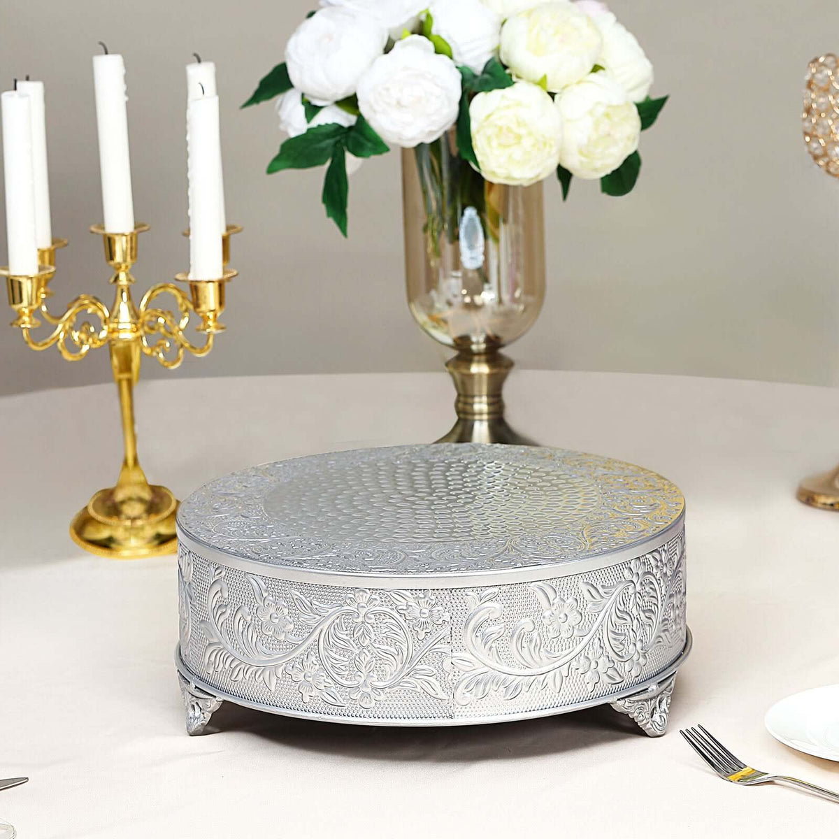 Metal 18" Round Cake Pedestal Stand Matte Silver - Cupcake Dessert Display Riser with Intricate Embossed Design for Upscale Events & Gatherings