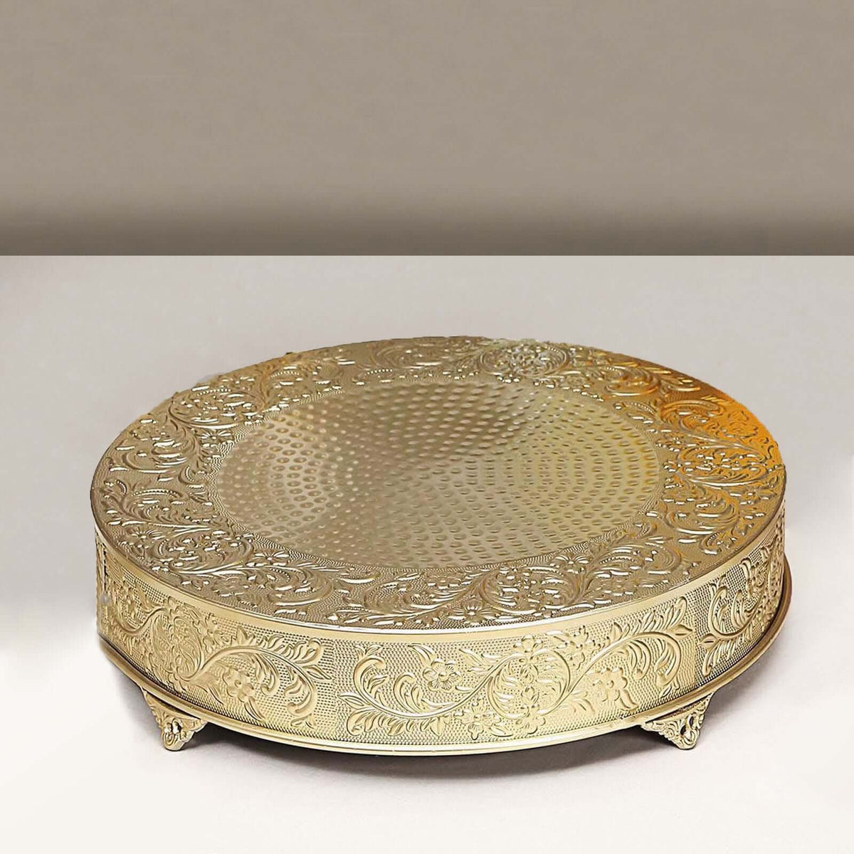 Metal 22" Round Cake Pedestal Stand Matte Gold - Cupcake Dessert Display Riser with Intricate Embossed Design for Upscale Events & Gatherings
