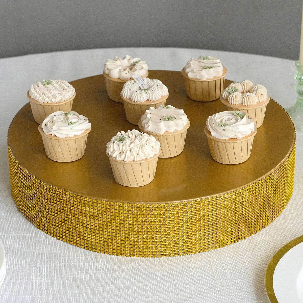 Metal Pedestal Cake Stand Round Design with Rhinestones Gold - Cupcake Holder and Dessert Table Centerpiece 16"