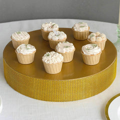 Metal Pedestal Cake Stand Round Design with Rhinestones Gold - Cupcake Holder and Dessert Table Centerpiece 16"