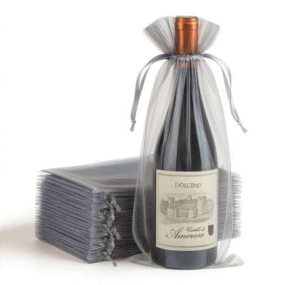 100 Pack Silver Organza Wine Gift Bags with Drawstring, 6" x 15" – Wedding Party Bottle Favor Bags