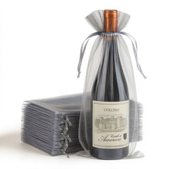 100 Pack Silver Organza Wine Gift Bags with Drawstring, 6" x 15" – Wedding Party Bottle Favor Bags