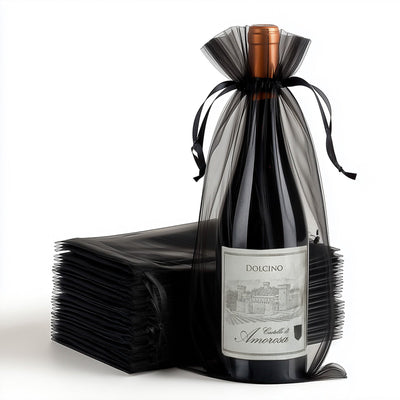 100 Pack Black Organza Wine Gift Bags with Drawstring, 6" x 15" – Wedding Party Bottle Favor Bags