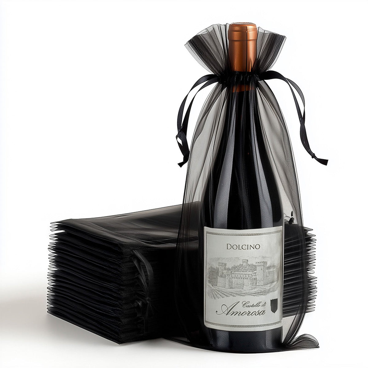 100 Pack Black Organza Wine Gift Bags with Drawstring, 6" x 15" – Wedding Party Bottle Favor Bags