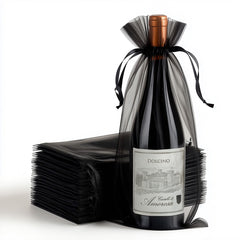 100 Pack Black Organza Wine Gift Bags with Drawstring, 6" x 15" – Wedding Party Bottle Favor Bags
