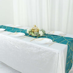 Polyester 9ft Table Runner Teal with Gold Foil Modern Geometric Accent