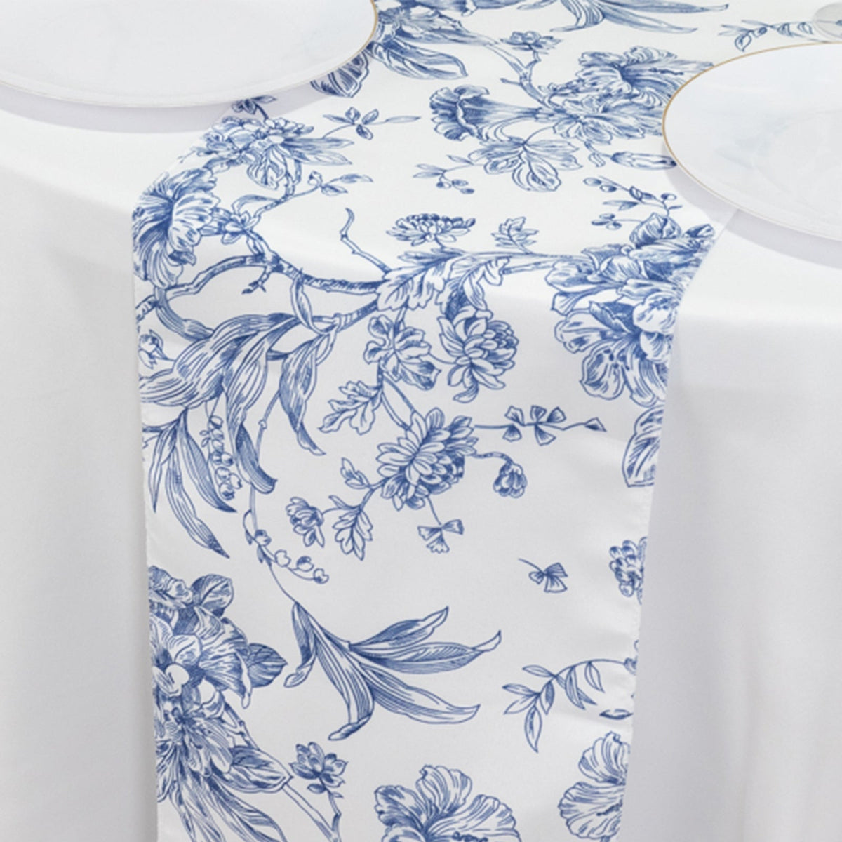 Polyester Table Runner 12"x108" White with Blue French Toile Floral Print - Stylish Reusable Table Décor
