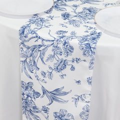 Polyester Table Runner 12"x108" White with Blue French Toile Floral Print - Stylish Reusable Table Décor