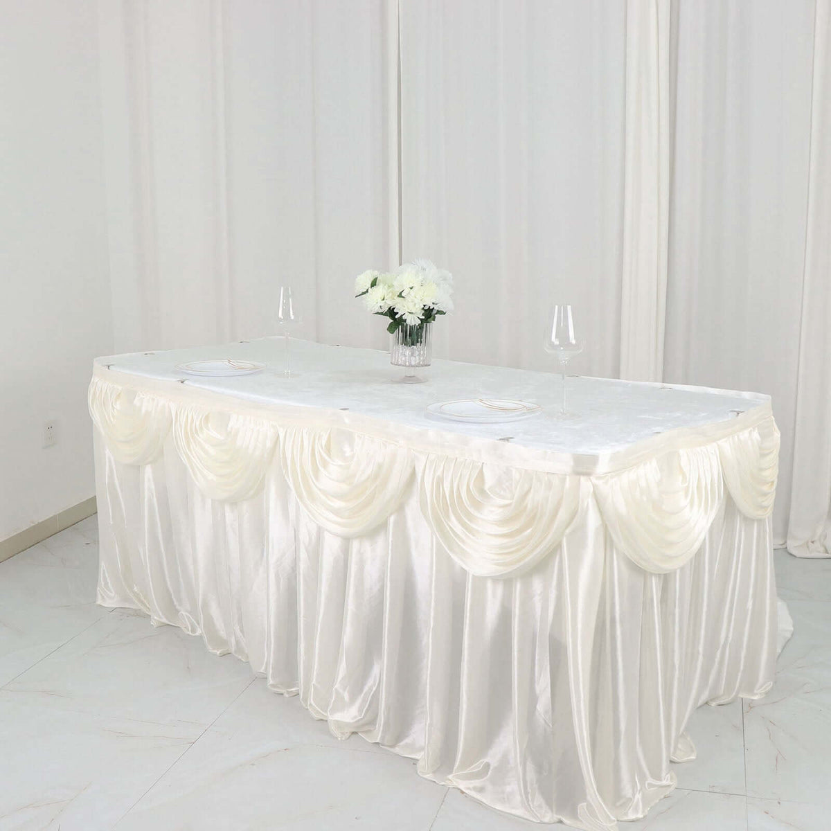 Satin 14ft Table Skirt Ivory - Pleated Double Drape Table Cover