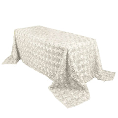 Satin 90"x132" Rectangle Tablecloth Ivory - Grandiose 3D Rosette Seamless Table Cover