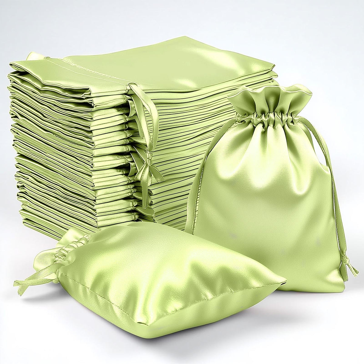 60 Pack 4"x6" Apple Green Satin Wedding Party Favor Bags, Drawstring Pouch Gift Bags