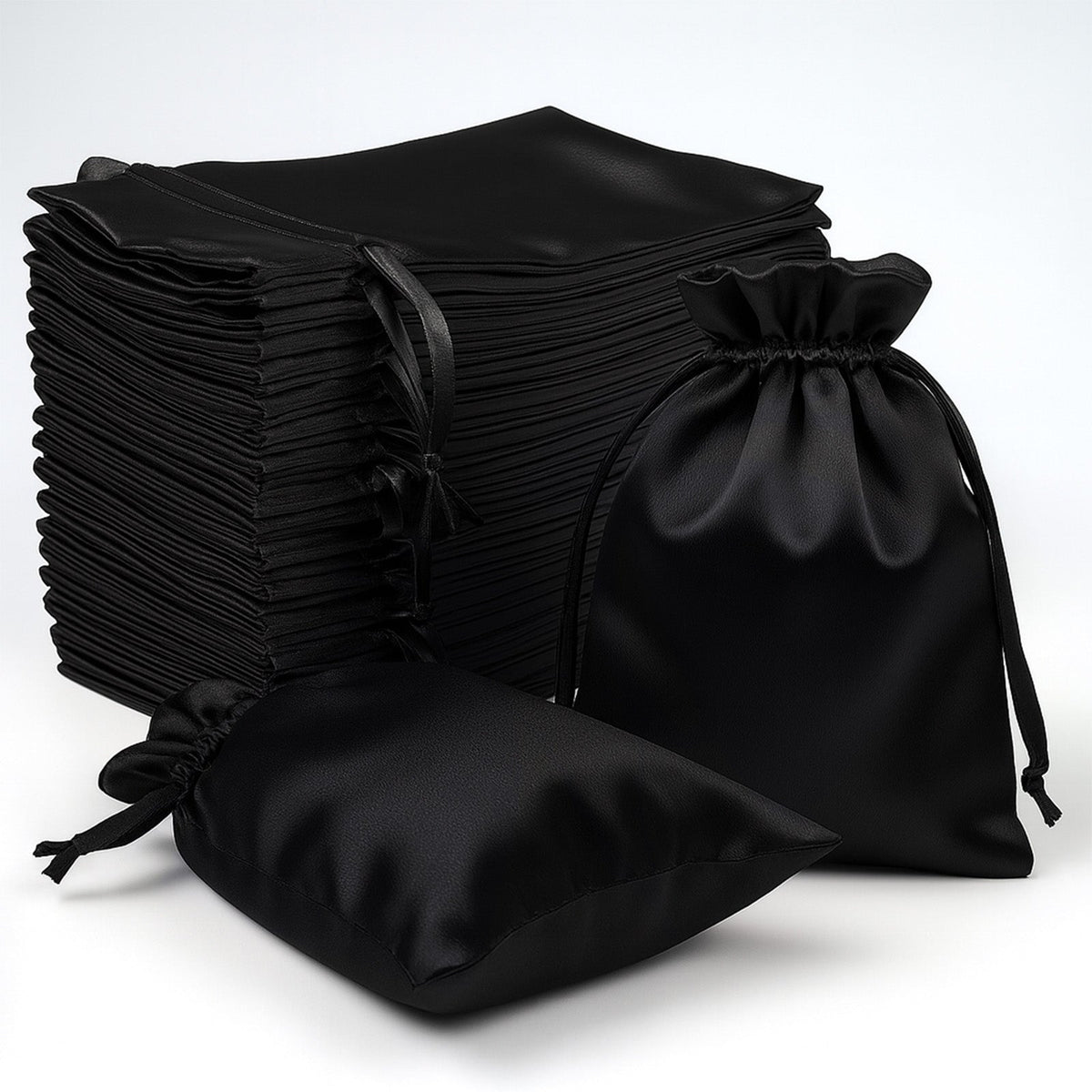 60 Pack 4"x6" Black Satin Wedding Party Favor Bags, Drawstring Pouch Gift Bags