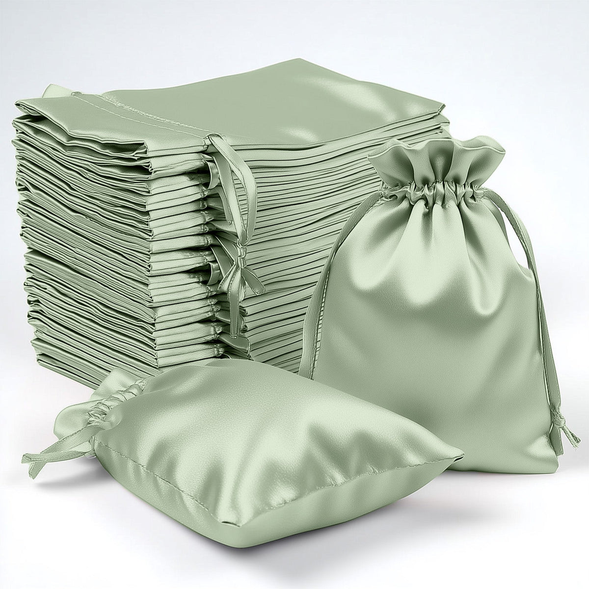 60 Pack 4"x6" Sage Green Satin Wedding Party Favor Bags, Drawstring Pouch Gift Bags
