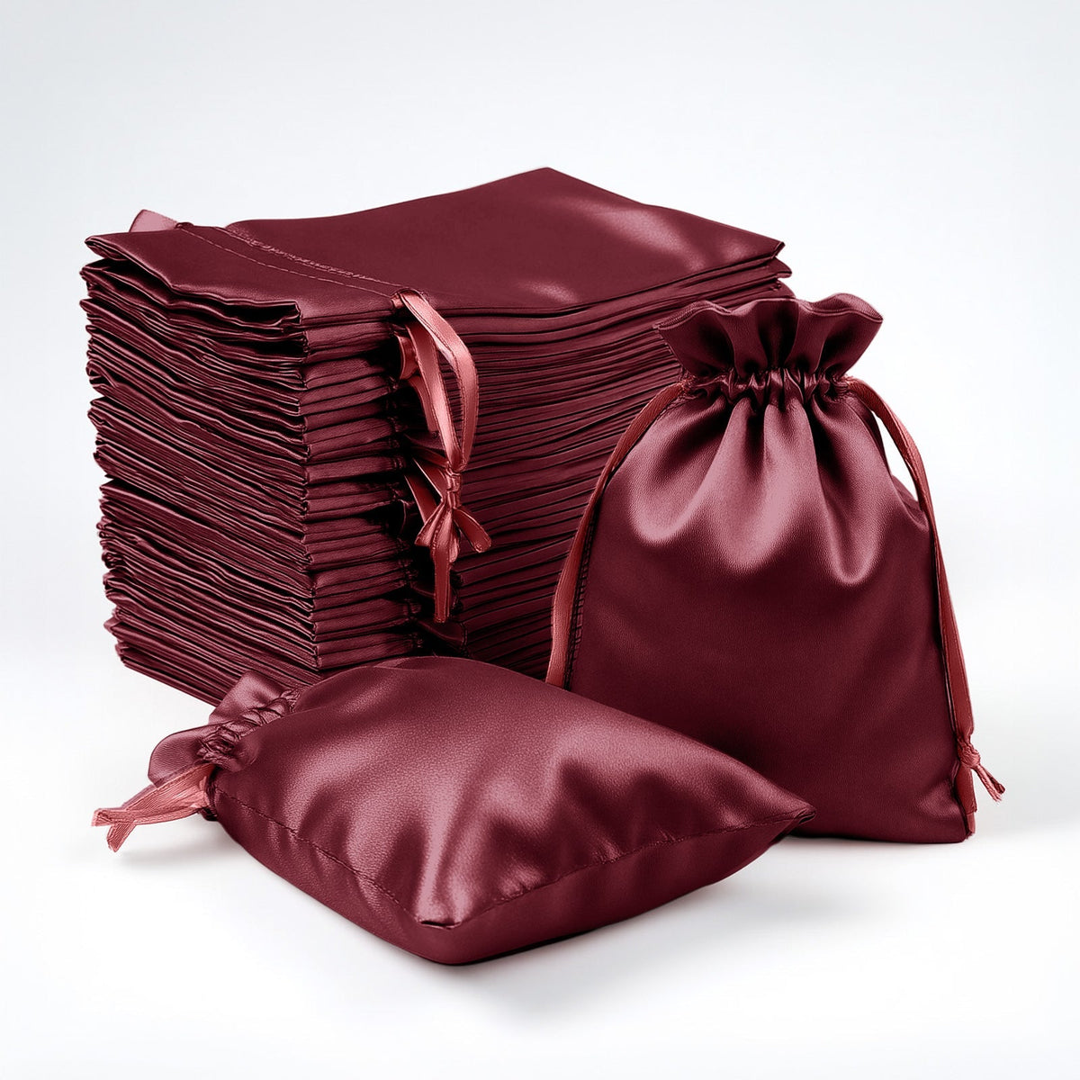 60 Pack Satin Drawstring Favor Gift Bags, Burgundy 3"x4" Jewelry & Candy Bags for Weddings & Parties