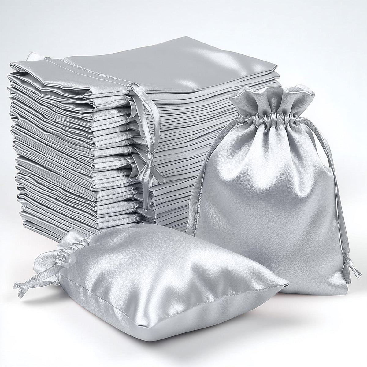 60 Pack 4"x6" Silver Satin Wedding Party Favor Bags, Drawstring Pouch Gift Bags