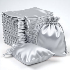 60 Pack 4"x6" Silver Satin Wedding Party Favor Bags, Drawstring Pouch Gift Bags