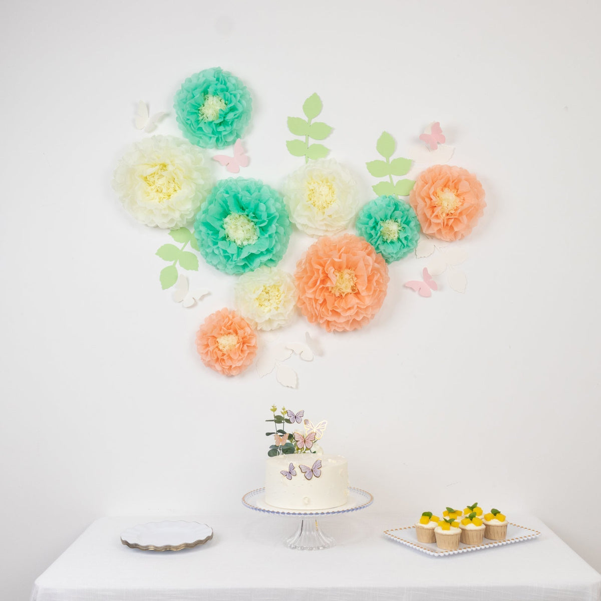 Set of 21 Tissue Paper Flowers Pom Poms Decor Kit – Cream Peach 3D Chrysanth Floral Wall Decor with Butterflies & Olive Leaves - 8",10",12"