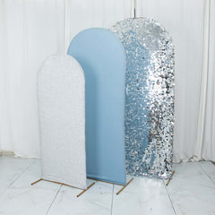 Set of 3 Dusty Blue Silver Round Top Fit Wedding Arch Frame Covers, Big Payette Sequin, Shimmer Tinsel and Matte Spandex Backdrop Stand Covers