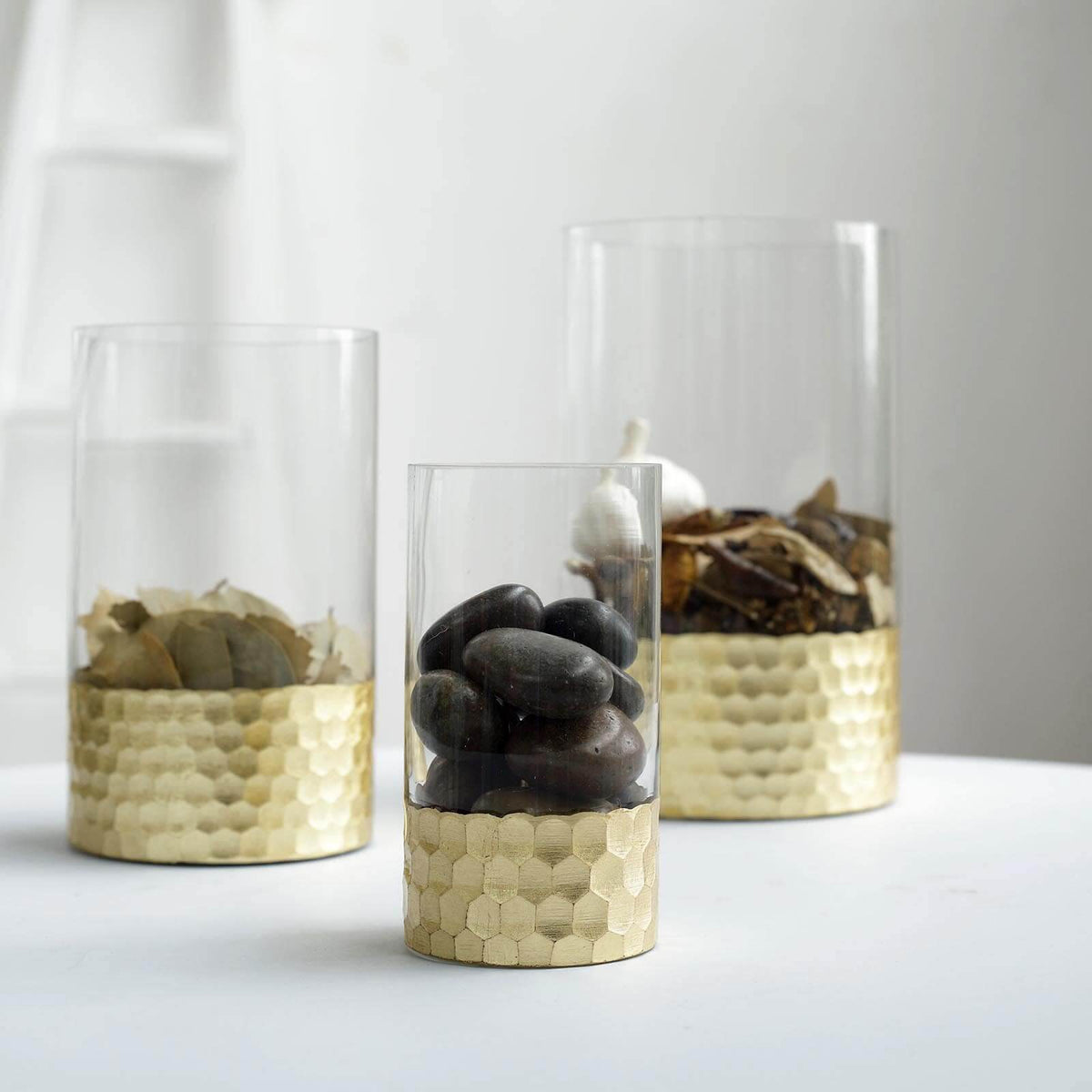 Set of 3 Glass Cylinder Vases Honeycomb Design Clear with Gold Base - Decorative Candle Holder Centerpieces 6", 8", 10"