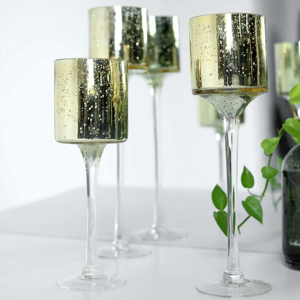 Set of 3 Glass Cylinder Vases Long Stem Gold - Decorative Candle Holder Floral Centerpieces 12", 14", 16"