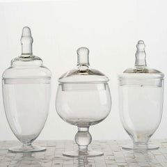 Set of 3 Glass Jars Apothecary Design Clear and Snap-On Lids - Stylish Decorative Candy Buffet Storage 8.5", 9", 10"