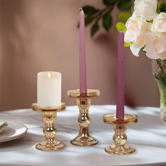 Set of 3 Glass Pillar Candle Holders Amber Gold with Round Tray - Crystal Ball Stem Taper Candlestick Tea Light Stands 3.5", 4.5", 5.5"
