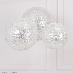 Set of 3 Glitter Silver Sequin Fabric Hanging Lanterns, Decorative Round Foldable Chinese Lantern Lampshades - 8",10",12"