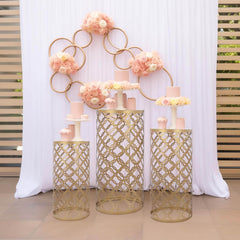 Set of 3 Gold Metal Cylinder Pillar Cake Display Stands, Round Mesh Plinth Pedestal Stand in Hollow Overlapping Circles Pattern - 22",24",30"