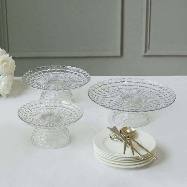 Set of 3 Plastic Cupcake Stands Clear Pressed Glass Pattern - Modern Stackable & Reusable Cake Dessert Pedestal Display Holders with Scalloped Edges 8", 10", 12"