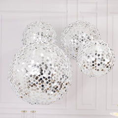 Set of 4 Glitter Silver Payette Sequin Hanging Lanterns, Large Decorative Round Foldable Fabric Chinese Lantern Lampshades - 12",14",16",20"