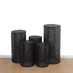 Set of 5 Black Sequin Mesh Cylinder Pedestal Stand Covers with Geometric Pattern Embroidery, Sparkly Sheer Tulle Pillar Prop Covers