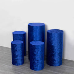 Set of 5 Royal Blue Crushed Velvet Cylinder Pedestal Stand Covers, Premium Pillar Prop Covers