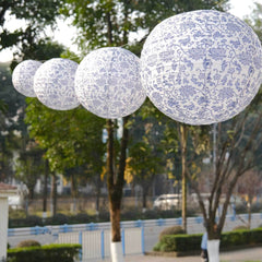 Set of 8 White Blue Hanging Chinese Lanterns in French Toile Floral Pattern, Festival Paper Lanterns - 6",8",10",14"