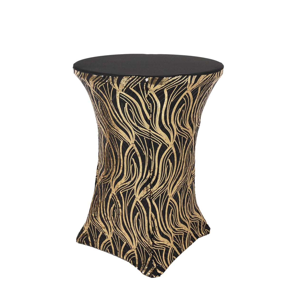 Spandex 30" Round Cocktail Table Cover Black/Gold with Wave Embroidered Sequins - Glamorous Design for Upscale Events