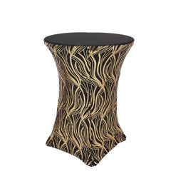 Spandex 30" Round Cocktail Table Cover Black/Gold with Wave Embroidered Sequins - Glamorous Design for Upscale Events
