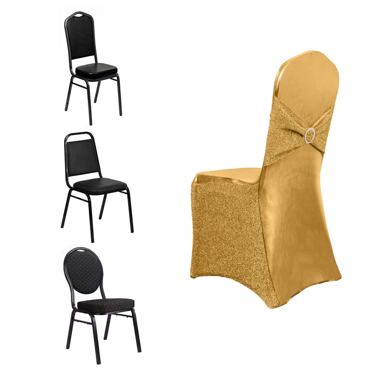 Spandex Banquet Chair Cover Metallic Gold Tinsel with Sash and Rhinestone Buckle - Luxe Shimmering Fitted Slipcover for Events