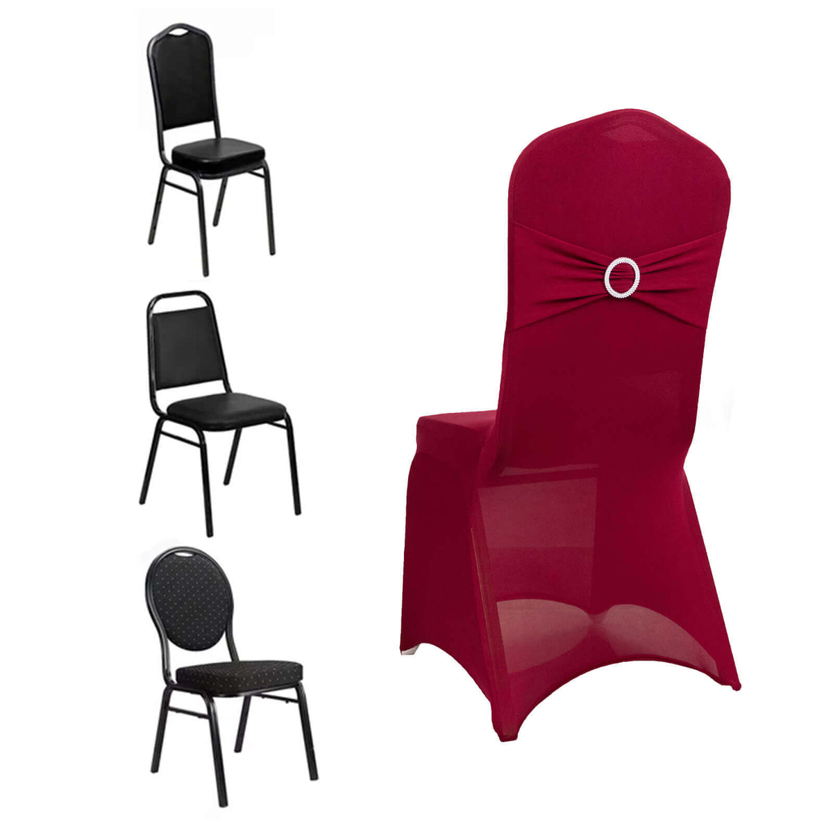 Spandex Chair Cover with Silver Rhinestone Buckled Sash Band Burgundy - Stretch Fitted Slipcover