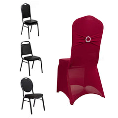Spandex Chair Cover with Silver Rhinestone Buckled Sash Band Burgundy - Stretch Fitted Slipcover