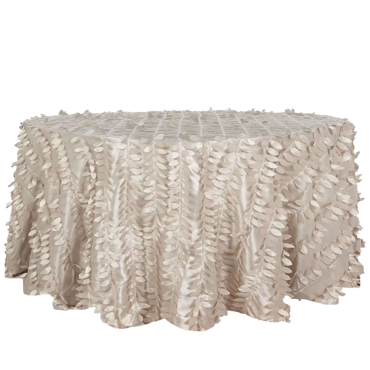 Taffeta 120" Round Tablecloth Beige | 3D Leaf Petal Design Seamless Table Cover for Chic Wedding & Event Decor
