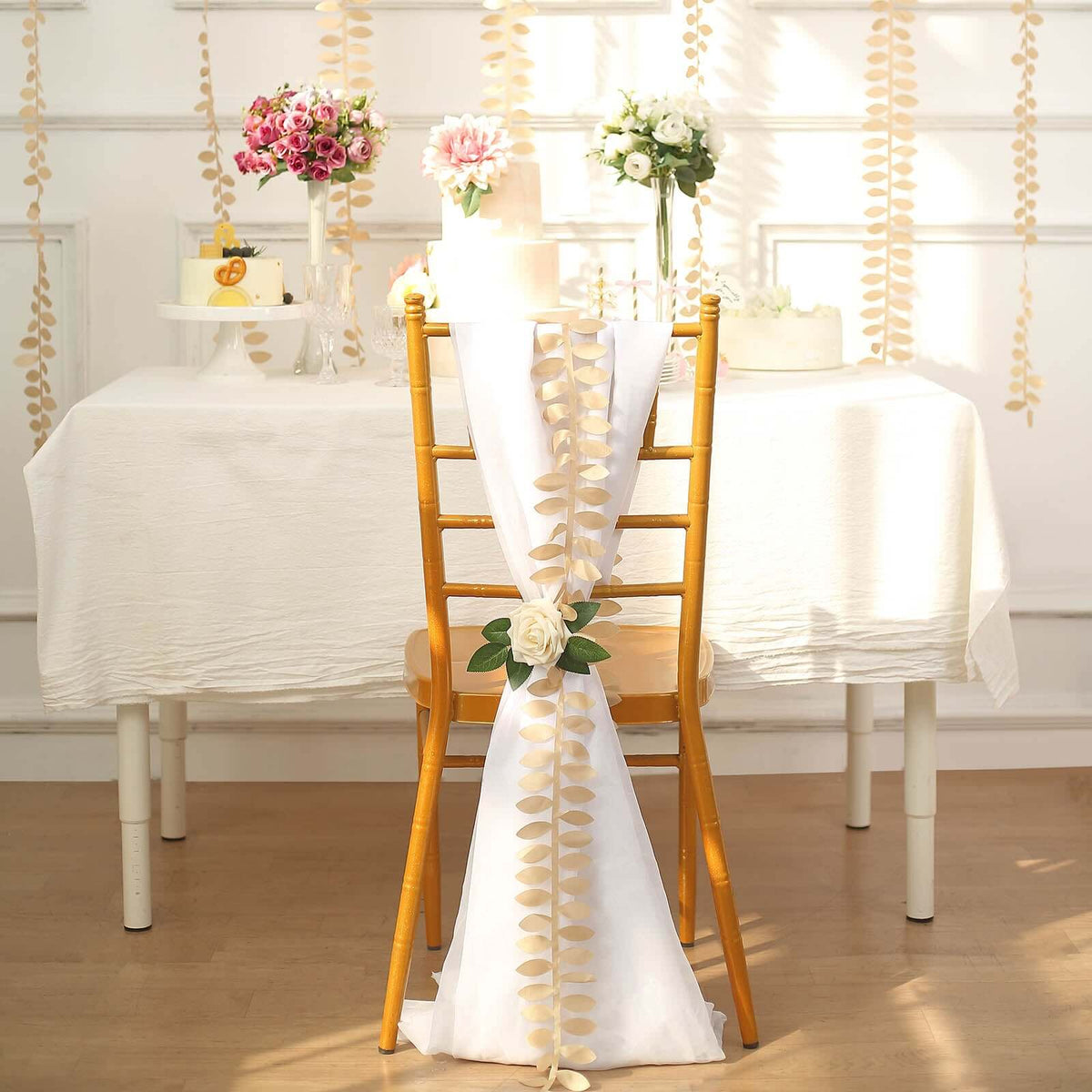 Taffeta Ribbon Sash with 4" Leaf Petal Design Champagne 50ft - Sophisticated Artificial Fabric Garland