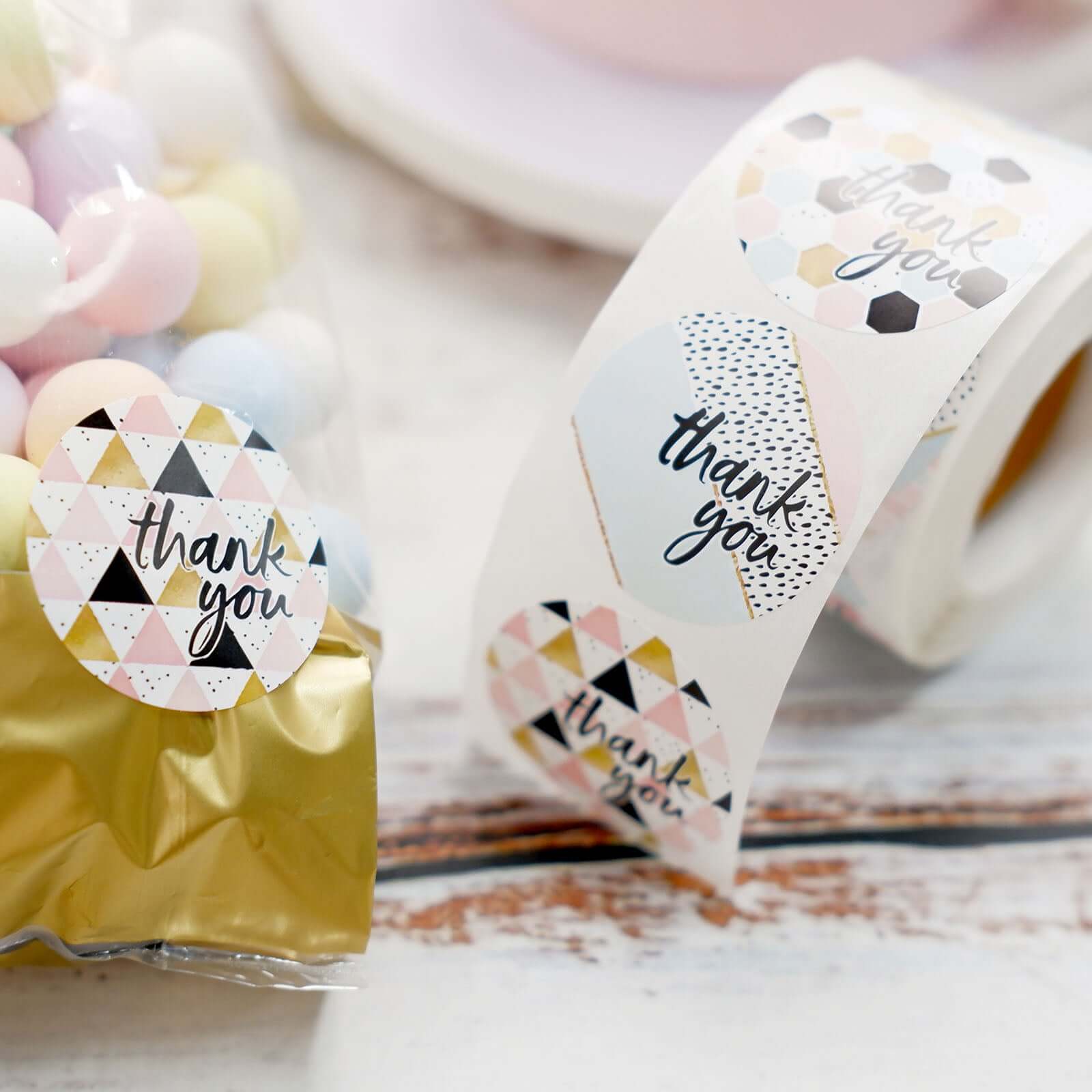500Pcs 1.5" Thank You Black White Gold Pink Glam Stickers Roll, Labels For DIY Envelope Seal Assorted Geometric Design - Round
